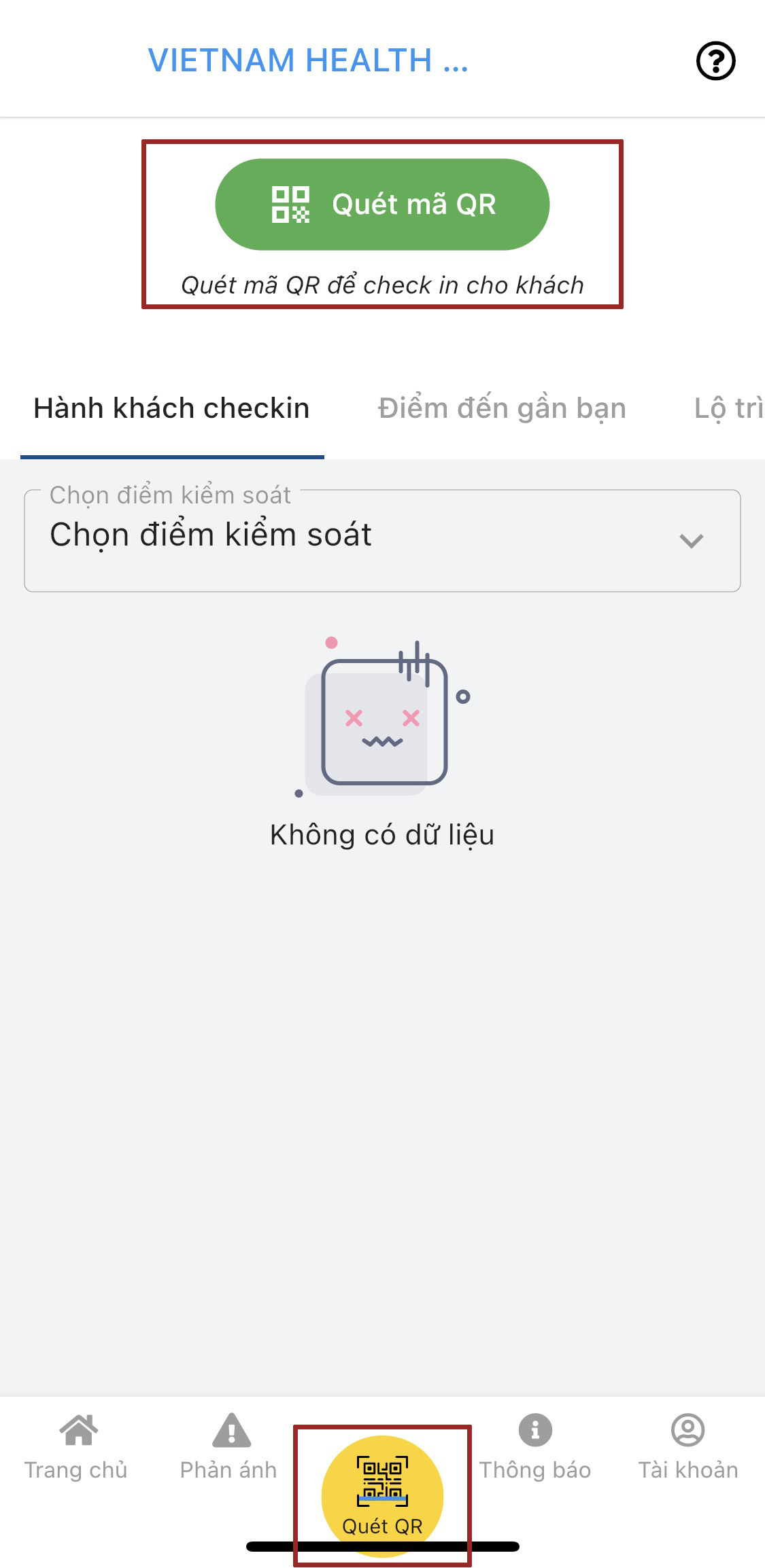 Man hinh giao dien quan ly luot check in check out bang qr code phong chong dich covid 19