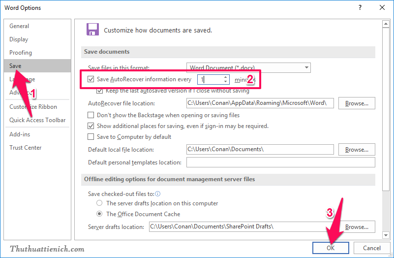 Thay đổi thời gian tự động lưu (Auto Save) trên Word, Excel, PowerPoint.